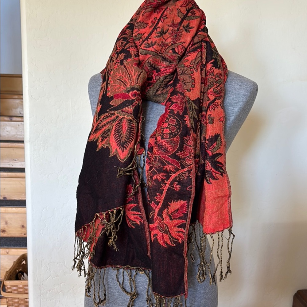 Elegant orange and Brown Floral Scarf with Fringe - Picture 2 of 4